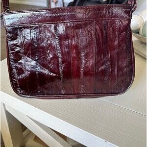Vintage Unique Burgundy Authentic Eel Skin Crossbody Shoukder Bag